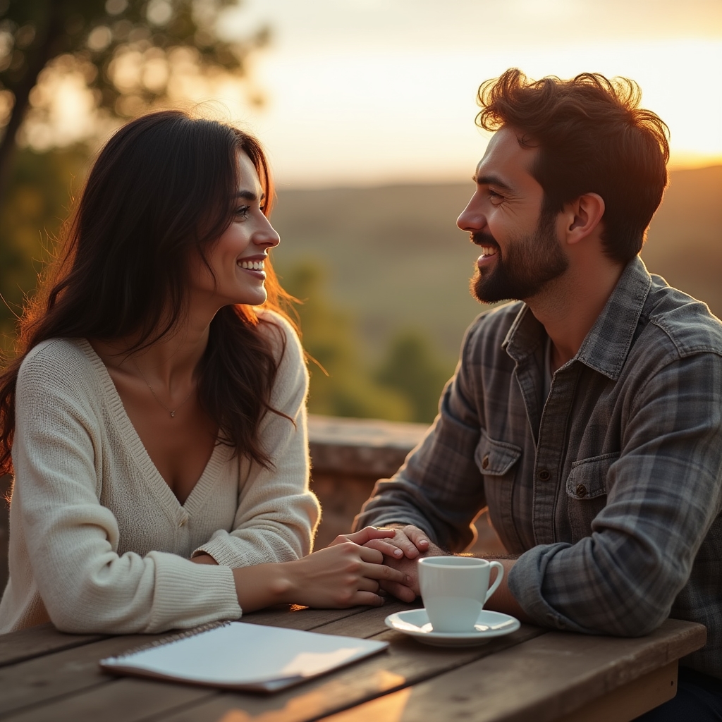Pareja conversando con calma en una terraza al atardecer